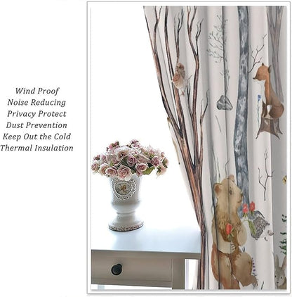 Rustic Forest Window Curtains Curtains, Woodland Animal Bear Deer Hedgehog Fox Squirrel Watercolor Blackout Rod Pocket Treatments Drapes for Boys Girls Bedroom 42x45in