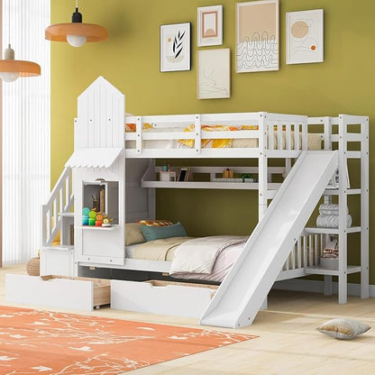 MERITLINE Twin Over Twin Castle Bunk Bed with Slide,Stairs and Drawers,Solid Wood Floor House Princess Bunk Bed with Storage Shelves (White)