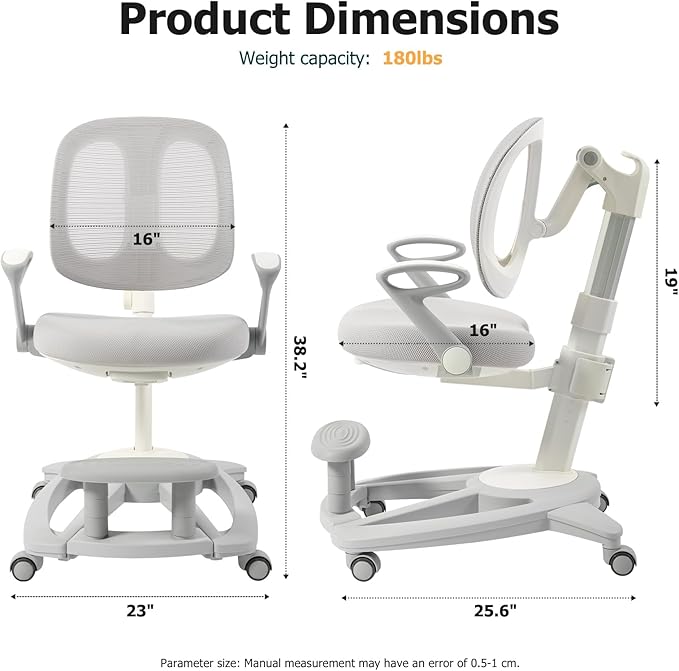 Ergonomic Kids Desk Chair with Footrest & Height-Adjustable Seat, Multifunctional for Study, Work & Dining – Comfy Cushion & Smooth Wheels for Boys & Girls (Grey)