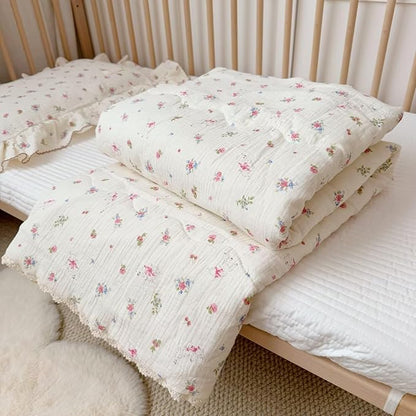 BuLuTu Pink Floral Kids Blanket for Todder/Twin Bed Muslin Cotton Comforter for Girls Boys, Soft Breathable Quilted Blanket Cute Sheep Pattern Toddler Quilt for All Seasons, 60x78 Inches