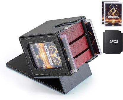 MTG Deck Box, Double Display Window MTG, Commander Deck Box Fits 120+ Single Sleeved Cards, PU Leather Magnetic Closure Card Box with 2 Dividers&2 Toploaders for TCG, CCG, Black/Grey