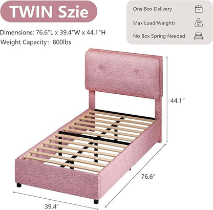 Twin Bed Frames,Breathable Boucle Fabric Upholstered Bed Frame Twin with Headboard,Removable and Washable,Wood Slat Support,No Box Spring Needed,Easy Assembly,Cama Individual,Pink