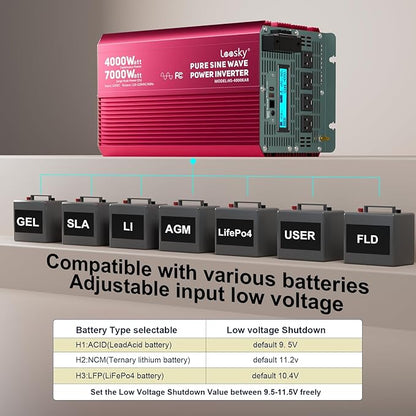 4000 Watt Pure Sine Wave Inverter 12V DC to 110V 120V AC Surge Peak 7000 Watt for 2s | 2025 New Upgraded, Compatible with Lithium Battery, for Home Car Off-Grid Solar System RV Truck Vehicle LEESKY
