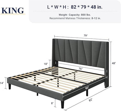 Allewie King Size Platform Bed Frame with Geometric Wingback Headboard, Boho Upholstered Bed with Wooden Slats Support, No Box Spring Needed, Easy Assembly, Dark Grey