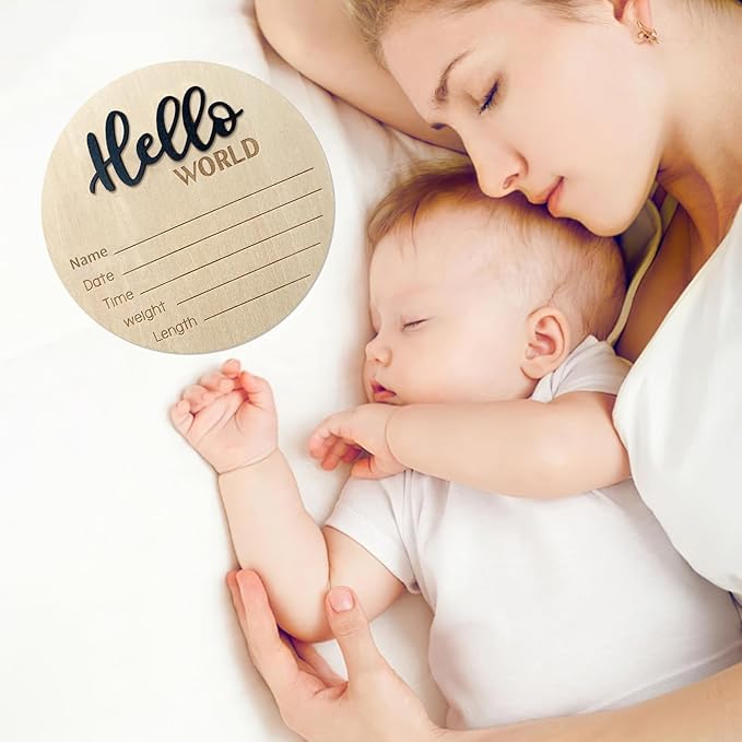 Baby Announcement Sign, 5.9 Inch Wooden Hello World Newborn Signs, Birth Announcement Sign, Baby Shower Hospital Nursery for Newborn Boys and Girls (Black,Pen)