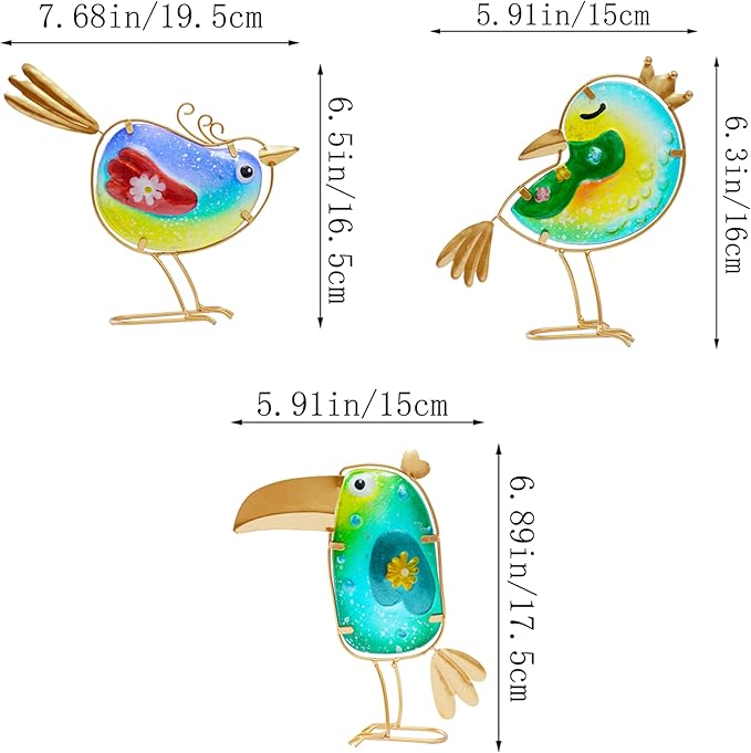 Funny Metal & Glass Bird Decor Set of 3 - Unique Colorful Indoor & Outdoor Garden Statues Whimsical Lawn Decorations Handmade Bird Sculptures Garden Decor for Outside