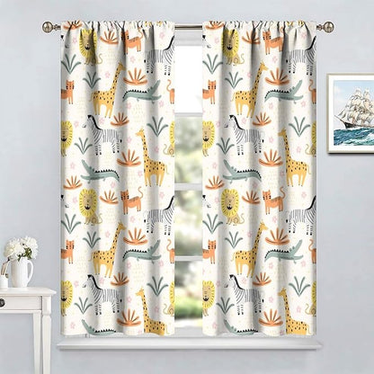 Wild Animals Curtains, Cute Cartoon Animals Zoo with Lion Zebra Crocodile Cat and Giraffe Tropical Jungle Plant Print Window Treatments for Kids Boys Girls Bedroom Living Room 72x63in