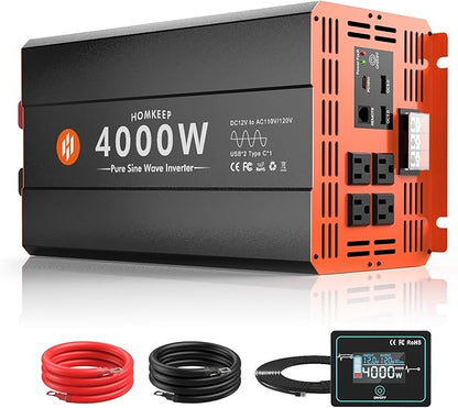 4000W Pure Sine Wave Power Inverter 12V DC to 110V AC Converter Peak Power 8000W for RV Truck Off-Grid Solar Car Inverter with 4 AC Outlets, 2 USB & 1 Type-C Ports, Hardwire Kit, Remote Controller