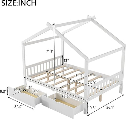 Harper & Bright Designs Full Size House Bed Frame for Kids, Wood Playhouse Platform Bed Frame with Two Drawers and Fence, Roof Design, White