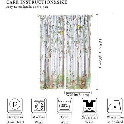 Kids Watercolor Woodland Animal Window Curtains, Bear Deer Squirrel Hedgehog Fox Birds Green Forest Blackout Rod Pocket Treatment for Boys Girls Bedroom 42x63in
