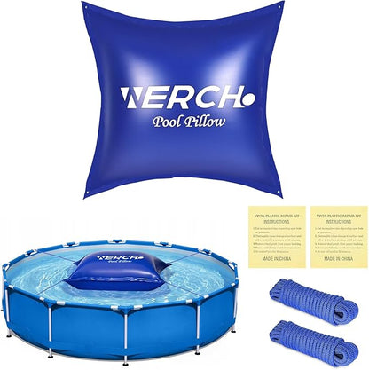 Pool Pillow for Above Ground Pool, 4 x 4 FT Pool Pillow for Winterizing Ultra Thick & Cold-Resistant 0.5mm PVC Material Pools Winterizing Kit（2x16FT Rope）