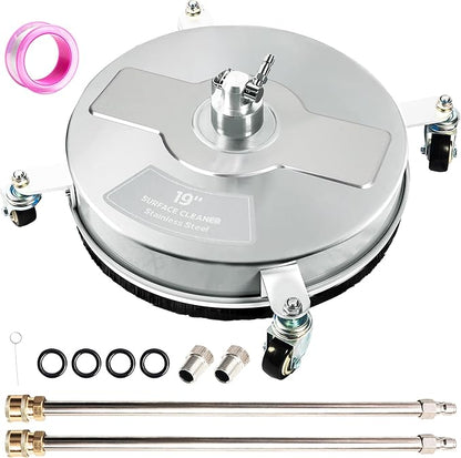 19" Pressure Washer Surface Cleaner with 4 Wheels, Stainless Steel Power Washer Surface Cleaner for Driveways Sidewalks Patios, 1/4" Quick Connector, 2 Extension Wand, 4000 PSI
