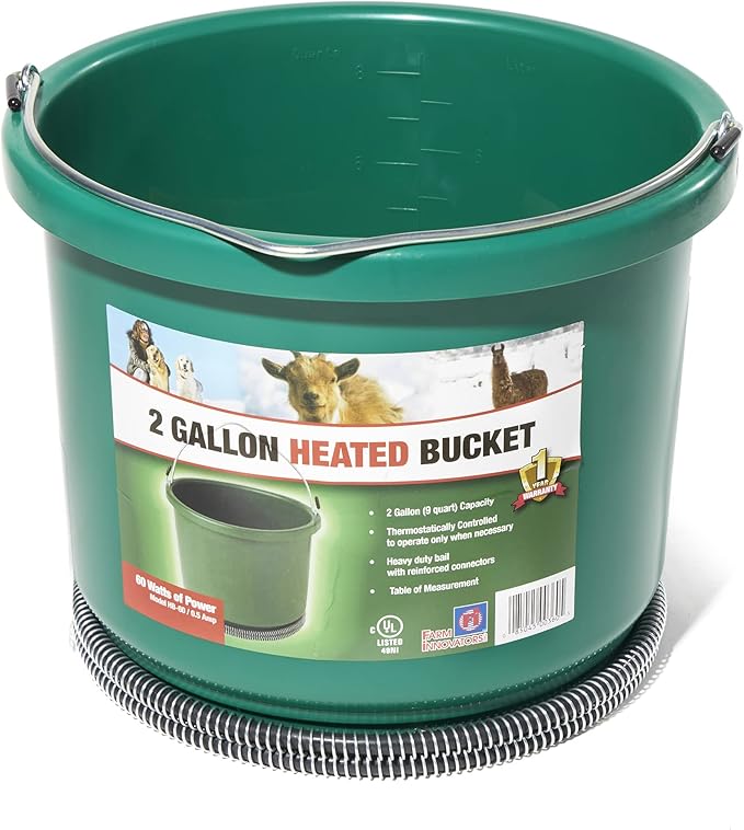 Farm Innovators HB-60 9 Quart 2 Gallon Plastic Heated Bucket w/Metal Handle, Built in Thermostat, & Anti Chew Cord Protector, 60 Watt, Green (4 Pack)