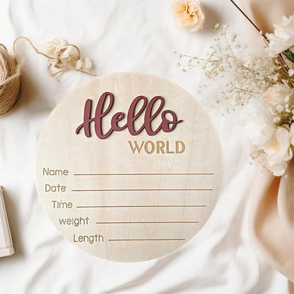 Baby Announcement Sign, 5.9 Inch Wooden Hello World Newborn Signs, Birth Announcement Sign, Baby Shower Hospital Nursery for Newborn Boys and Girls (Tea Red,Pen)