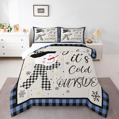 Christmas Snowman Kids Comforter Set Twin Size,Snowflake Christmas Holiday Bedding Set,Girls Boys Adults Xmas Decor,Geometric Grids Lattices Down Comforter,Blue Rustic Duvet Insert,1 Pillowcase