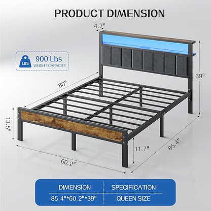 Queen Size Bed Frame with 2-Tier Storage Shelves Headboard, Platform Bed with