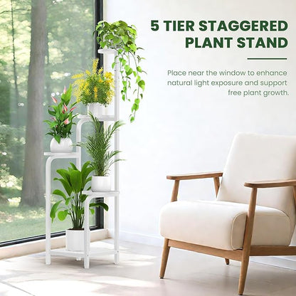 TOSKING 5 Tier Tall Plant Stand Indoor Outdoor, Heavy Duty Corner Shelf for Plants & Decor, Space Saving 3.9FT Metal Flower Pot Stand for Balcony, Garden, Living Room, Patio (White, 47in)