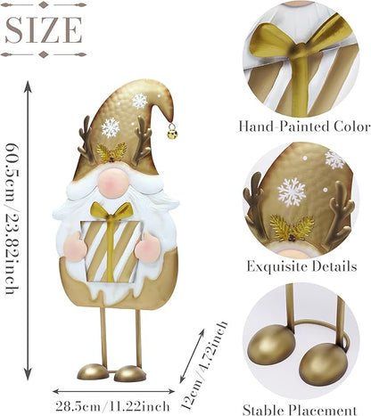 TERESA'S COLLECTIONS Gnome Christmas Decorations,Metal Gold White Santa Holding Gifts,Christmas Gnome Statue for Garden Indoor Outdoor,Decorative Yard Art Sign for Lawn Xmas New Year Winter Decor,24"