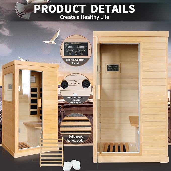 Infrared Sauna Home Sauna Spa Room Canadian Hemlock Wood 800W Indoor Saunas Low EMF 110V with Control Panel and Tempered Glass Door