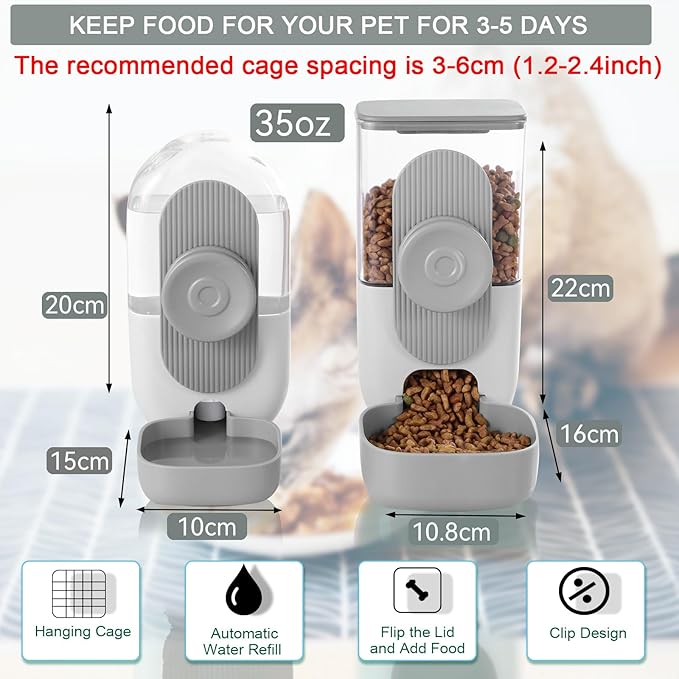 Hanging Automatic Rabbit Feeder for Cage,Dog Cat Food and Water Dispenser,Rabbit Water Bottle Guinea Pig Food Bowl Set,Gravity Feeder for Cats Dogs (Gray)