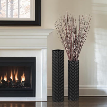 Sziqiqi Black Tall Floor Vase: 27.6/21.7in Metal Cylinder Vases Extra Large Decorative Vase Set of 2 Living Room Modern Honeycomb Texture Big Standing Decor for Dining Bedroom Home Corner Indoor