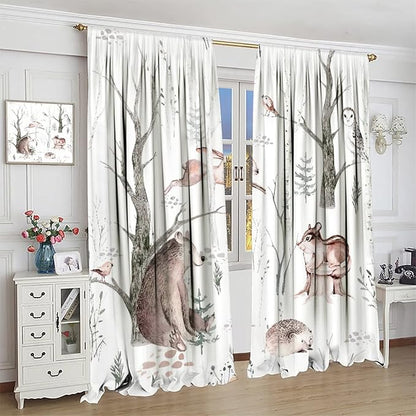 Watercolor Woodland Animal Curtains, Wildlife Bear Farmhouse Lodge Cabin Squirrel Owl Hedgehog Fox Blackout Rod Pocket Windows Door Curtain for Bedroom Living Room Home Decor 63x63in