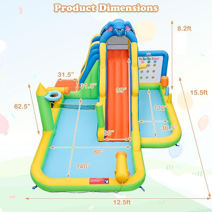 BOUNTECH Inflatable Water Slide, Elephant Surfing Slide Kids Water Park Jump Bouncy Castle w/2 Splash Pools, Hide & Seek Cave, GFCI Blower, Water Slides Inflatables for Big Kids Outdoor Backyard Gifts