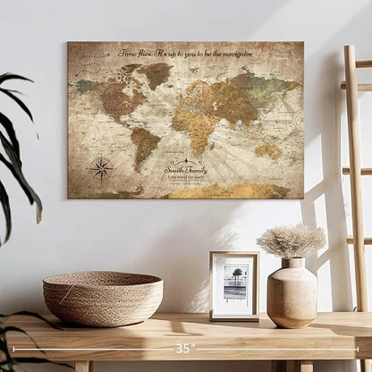 ElephantStock - Personalized Be The Navigator I Push Pin World Map Wall Art - Horizontal Canvas Wall Art - Living Room Wall Decor - Digital Art Map Canvas Art - Brown And Beige Decor - 24" x 16"