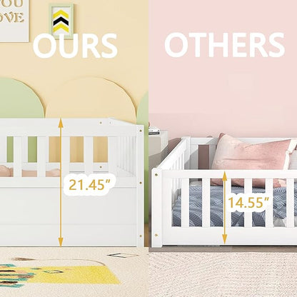 Bellemave Twin Floor Bed with Slats and High Fence, Twin Size Montessori Floor Beds with Door, No Box Spring Needed, Easy Assemble Montessori Bed Frame(White Twin)