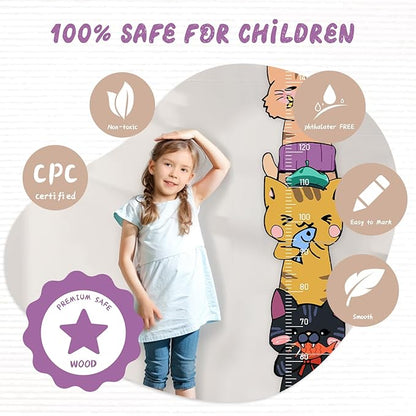 Personalized Name Growth Chart for Wall, Kitten Eating Fish Wooden Height Chart, Thick Height Measuring Board for Boys and Girls, Measurement Ruler for Kids, Easy to Install