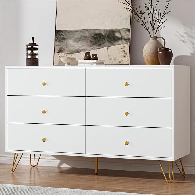 White Dresser for Bedroom, 6 Drawer Dresser with Golden Handles, Large Storage Cabinet, Modern Chest of Drawers Organizer Storage for Hallyway, Entryway