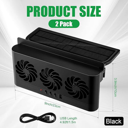 2 Pack Solar Powered Car Exhaust Fan 3 Fans Car Window Air Vent Radiator Solar Energy Cooling Vent Exhaust for General Types(Solar & Battery & USB 3 Fans,Black)