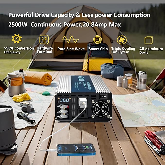 WZRELB 2500W Pure Sine Wave Inverter 36V DC to 110V 120V AC Power Converter with LED Display, Hardwire Terminal,Off-Grid Portable Power Inverter with Dual AC Outlets for Home, RV, Truck, Camping