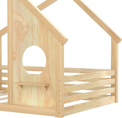 Polibi Full Size Floor Bed with House-Shaped Roof,Window and a Small Shelf, Solid Wood Low Profile Floor Bed for Kids, No Box Spring, Natural