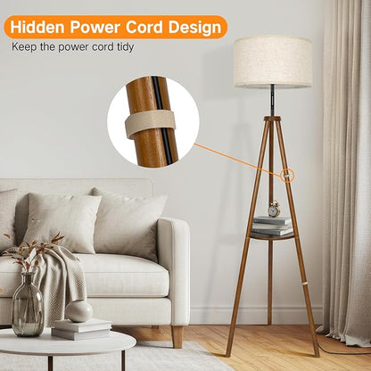 OUTON Wood Tripod Floor Lamp with Shelves, Mid Century LED Modern Dimmable Floor Lamp with Remote & Touch Control, Sturdy Tall Standing Lamp for Living Room, Bedroom, Office, Walnut