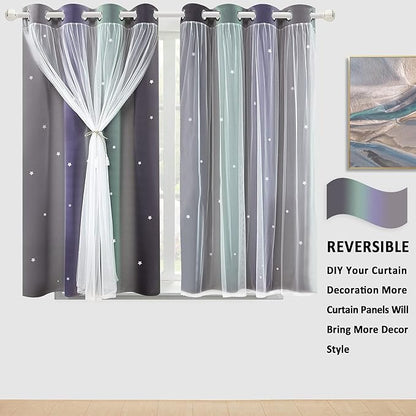 Kinryb Nursery/Kids/Girls Room Star Cut Out Blackout Rainbow Curtain with Sheer Overlay 2 Panels, Each 52 inch Wide,45 inch Length with White Gauze,Ombre Stripe Rainbow Curtains (2 Panels,52x45 Inch)