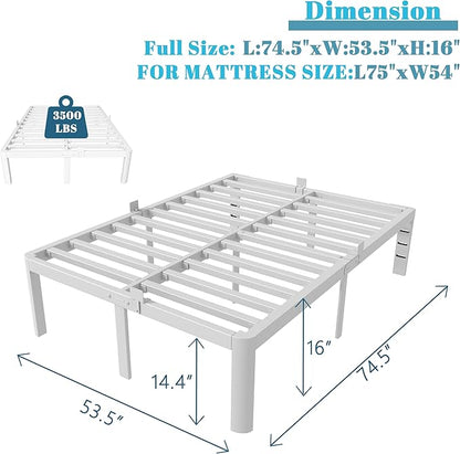 Full Size Bed Frame 16 Inch White, Metal Full Bed Frame with Baffles, No Box Spring Needed, Heavy Duty Steel Platform Supprt, Rounded Corner Design, Reserved Holes, Noiseless, Storage Space
