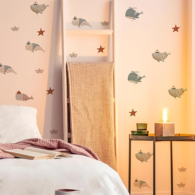 Whale Wall Decals for Nursery – 18 Decals, Ocean Theme Removable Stickers for Kids Room, Sea Animal Baby Room Decor, Reusable Wall Stickers for Furniture & Glass (6 Sheets)
