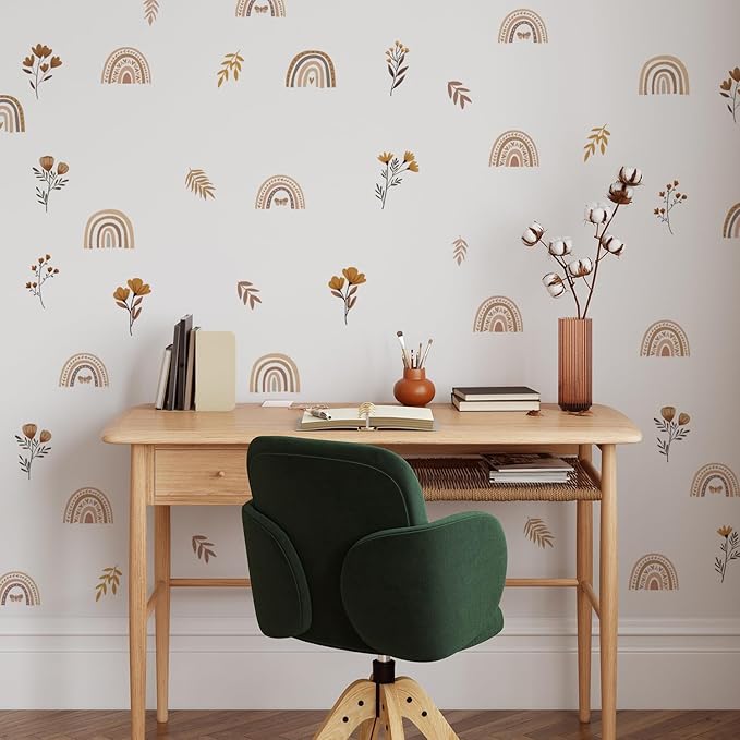 YouRfocus Boho Rainbow Floral Wall Decals for Nursery & Kids Room – Set of 96 Removable Peel and Stick Wall Stickers, Neutral Boho Home Decor (12 Sheets