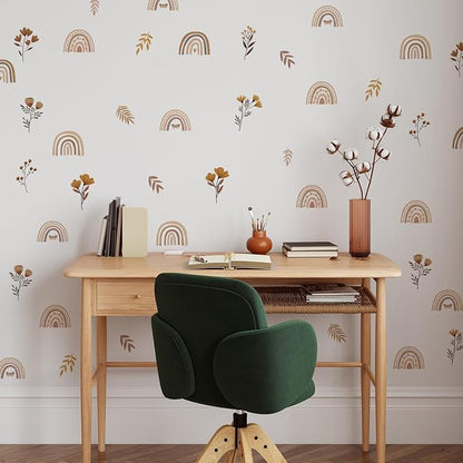 YouRfocus Boho Rainbow Floral Wall Decals for Nursery & Kids Room – Set of 96 Removable Peel and Stick Wall Stickers, Neutral Boho Home Decor (12 Sheets