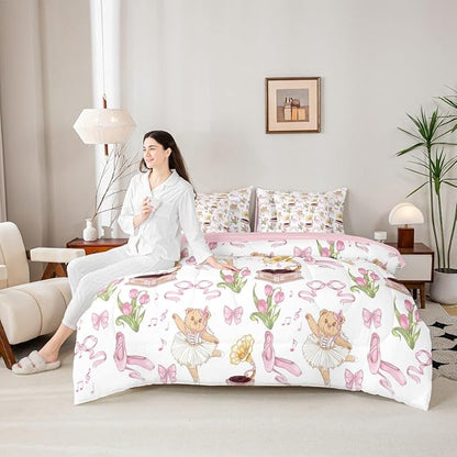 Pink Bowknot Princess Comforter King Size,Ballet Shoes Bear Dancer Cartoon 7 Pcs Bedding Set,Tulip Flower Music Note Record Decor,Bow Tie Romantic （Fitted+Sheet+2 Pillowcases+2 Throw Pillow Covers）