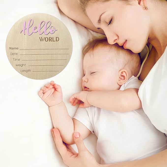 Baby Announcement Sign, 5.9 Inch Wooden Hello World Newborn Signs, Birth Announcement Sign, Baby Shower Hospital Nursery for Newborn Boys and Girls… (Light Pink)