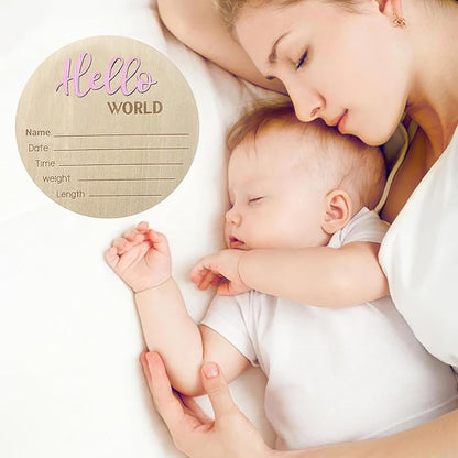 Baby Announcement Sign, 5.9 Inch Wooden Hello World Newborn Signs, Birth Announcement Sign, Baby Shower Hospital Nursery for Newborn Boys and Girls… (Light Pink)