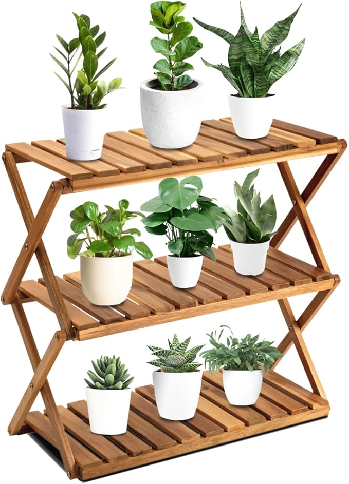 BEEFURNI Acacia Plant Stand Indoor, Wooden Outdoor Planter Stand, 3 Tier Succulent Shelf, Easy Assembly, Patio Balcony Sunroom Decor, Flower Garden Shelf, 1-year Manufacturer Warranty (Natural Wood)