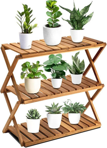 BEEFURNI Acacia Plant Stand Indoor, Wooden Outdoor Planter Stand, 3 Tier Succulent Shelf, Easy Assembly, Patio Balcony Sunroom Decor, Flower Garden Shelf, 1-year Manufacturer Warranty (Natural Wood)