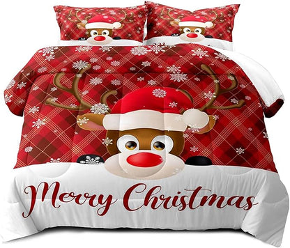 LUVIVIHOME 3PCS Merry Christmas Comforter Set King Size, Snowflake Cartoon Funny Cute Elk Deer Bedding, Xmas Christmas Bedroom Decor, Soft Microfiber White Red Quilt, 2 Pillow Shams