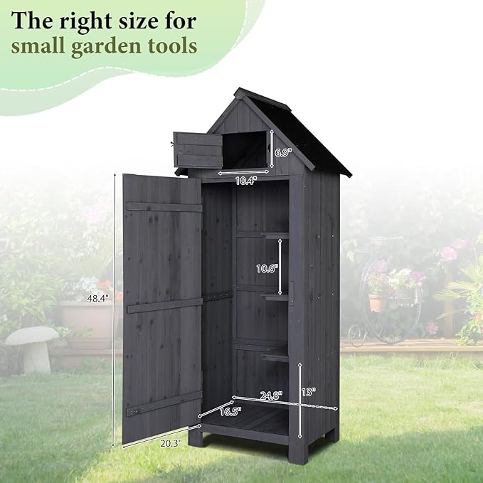 VINGLI Outdoor Wooden Storage Shed, Garden Shed Outside Tool Cabinet with Safety Latch, Patio Storage Organizer (Dark Grey)