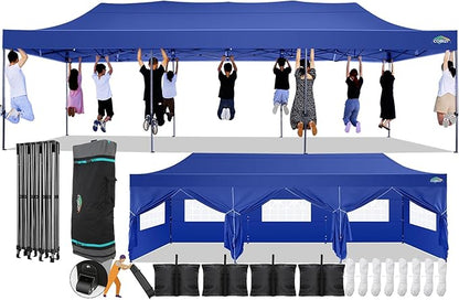 COBIZI 10x30 Pop Up Canopy with 8 Sidewall,Heavy Duty Canopy UPF 50+ All Season Wind Waterproof Commercial Outdoor Wedding Party Tents for Parties Canopy Gazebo with Roller Bag(10 x 30 ft Dark Blue)