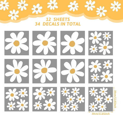 TaoBary 12 Sheets Daisy Wall Decal Flower Wall Sticker Cute Daisy Sticker Pink White Flower Decal Peel and Stick Floral Wallpaper for Nursery Bedroom Home Decor(White, Yellow,Cute Style)