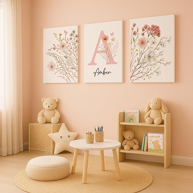 Personalized Girls Nursery Wall Art - Custom Name Pink Floral Butterfly Canvas Print 3pc Framed Wrapped Canvas for Bedroom Living Room Entryway Study Room Initial Wall Decor Baby Shower Birthday Easter Graduation New Year Valentine's Day Gift (40×50cm/...